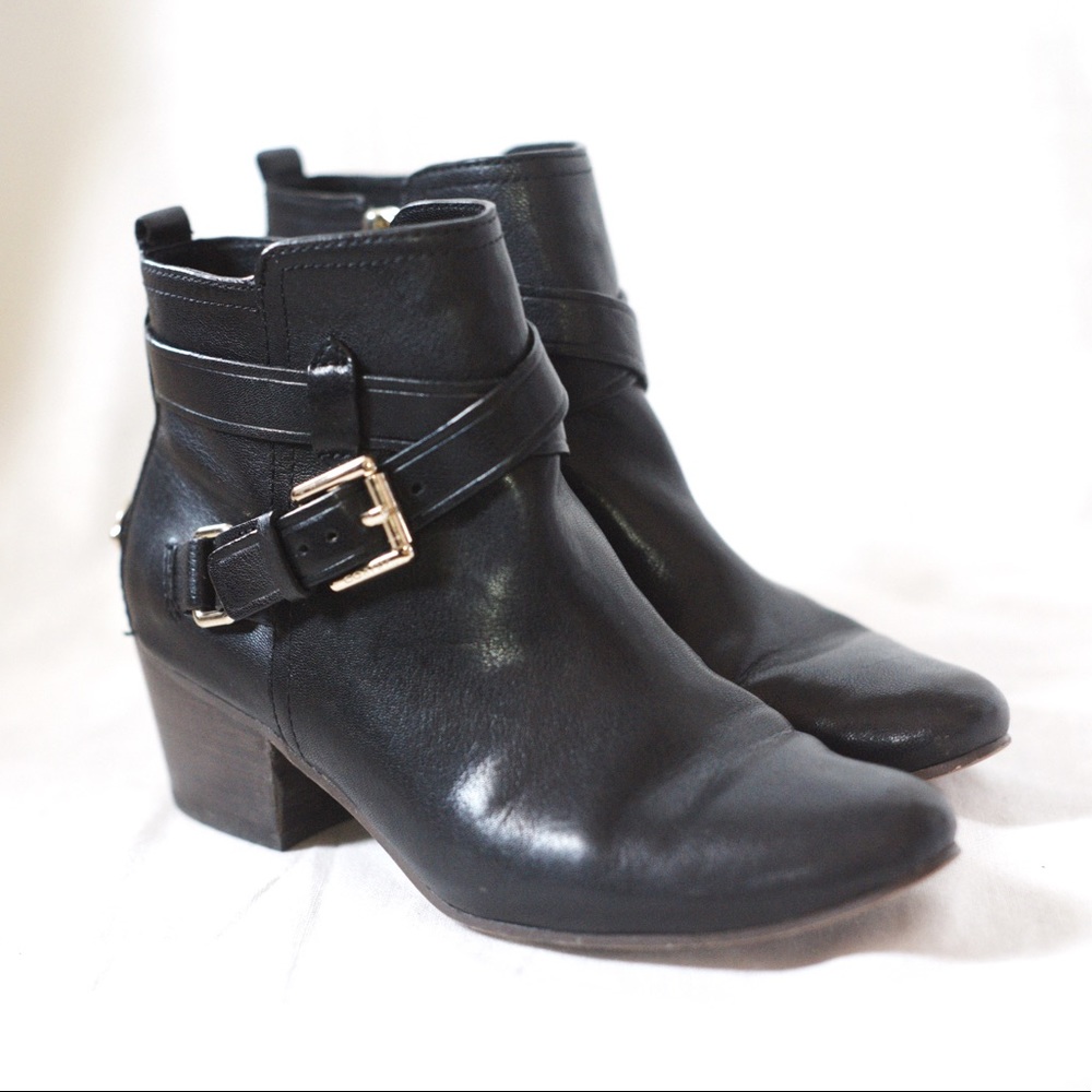Coach Pauline Black Leather Ankle Boots with Low Heel, Size 6B